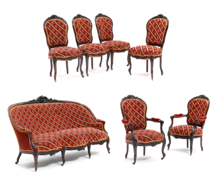 sofa, para foteli, cztery krzesła, masyw palisander, snycerka, poł. XIX w.