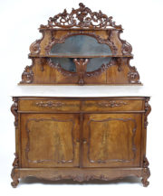 veneered with mahogany, carvings, marble top repaired, mid-19th century.