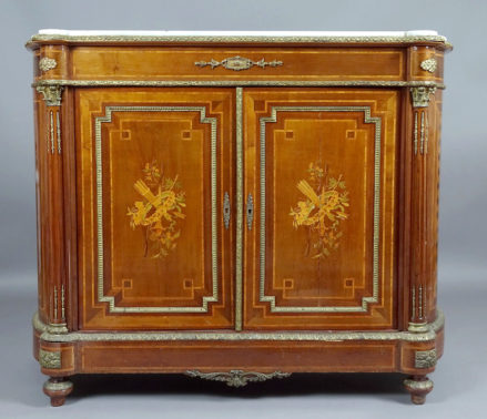 mahogany construction, marquetry of various types of wood, brass, marble top, late 19thC.