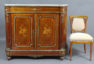 mahogany construction, marquetry of various types of wood, brass, marble top, late 19thC.