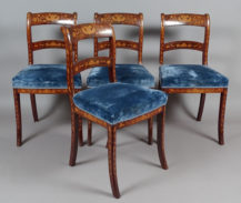 Mahogany construction, inlaid with various types of wood, mid 19th century.