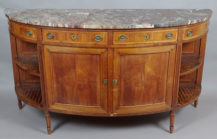 veneered with mahogany, marquetry of various woods, brass, marble top, early 20thC