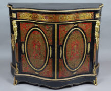 veneered with mahogany and ebony, marquetry of tortoise and brass sheet, gilt brass, marble top, late 19thC