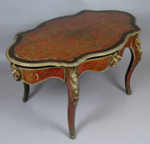 veneered with mahogany and ebony, marquetry of brass and tortoiseshell, bronze, late 19th century.