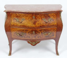 veneered with rosewood, marquetry, bronze fittings, marble top, late 19th century.