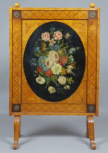 veneered with birch, inlays, veins, bronze applications, painting in the middle, mid-19th century.