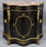 Oak construction, veneered with ebony and birch, brass sheet marquetry, gilded bronze, repaired marble top, second half of the 19th century.