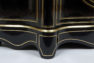 ebony and mahogany veneers, brass sheet marquetry, brass slats, repaired marble top, second half of the 19th century.