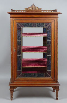walnut, birch and fruit wood veneers, polychrome, woodcarving, glass in various colors, early 20th century