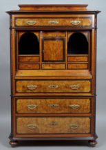 veneered with walnut, wood carving, brass fittings, late 19th century.