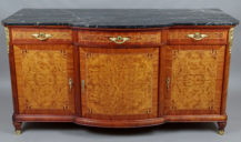 veneered with walnut and mahogany, woodcarving, gilded bronze fittings, marble top, 20th century.