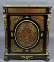 veneered with mahogany and ebony, tortoiseshell and brass sheet marquetry, bronze fittings, marble top, original, late 19th century.
