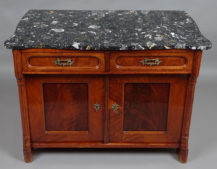 veneered with mahogany, wood carving, brass, selected marble top, late 19th century.
