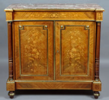 veneered with mahogany and rosewood, inlays made of various types of wood, marble top, brass strips and applications, early 20th century.
