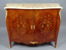 veneered with rosewood, inlays, gilded bronze, marble top, c. 1900