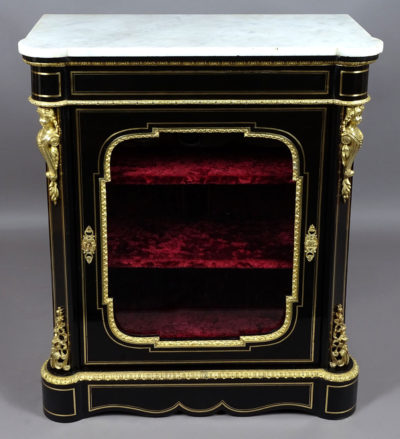 veneered with ebony and mahogany, brass and gilded bronze, marble top