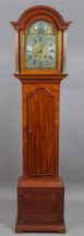 Longcase Clock, Will. Clement, London veneered with mahogany, brass strips and applications, 18thC
