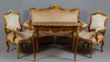 Komplet mebli do salonu w stylu drezdeńskim okleiny orzechowe, mosiężne okucia, ok. 1900r.