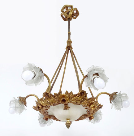 Patinated and polished brass, glass, alabaster, early 20th century.